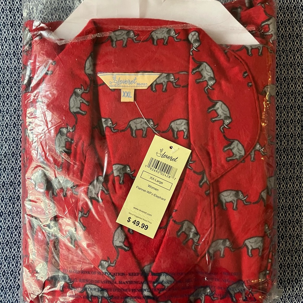 LEVERET NWT XX-L Women Flannel Red/Grey Elephant Pattern Pajama, NEW IN PKG